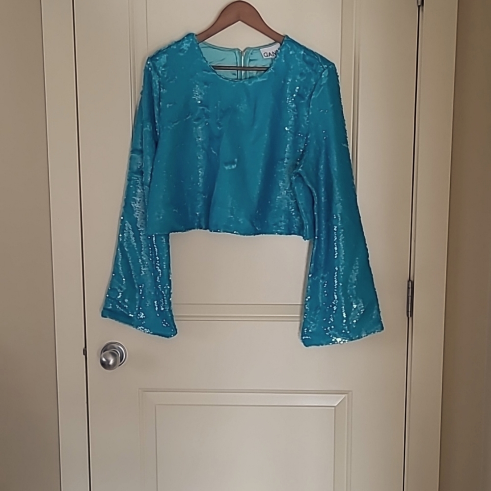 Ganni Turquoise Sequin Crop Top